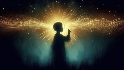 Silhouette of child with halo pointing up in cosmic light spiritual enlightenment