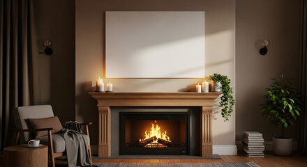 Cozy Living Room Fireplace Scene with Blank Canvas Above for Customization