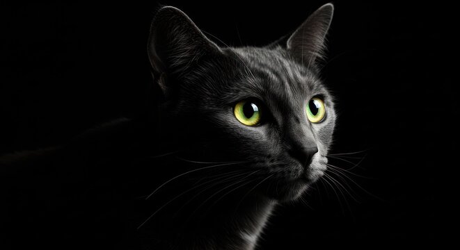 Gray cat portrait with bright green eyes isolated against a black background. - Powered by Adobe