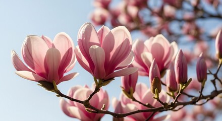 Fototapeta premium Pink Magnolia Blossoms Against a Pale Blue Sky in Spring Sunlight