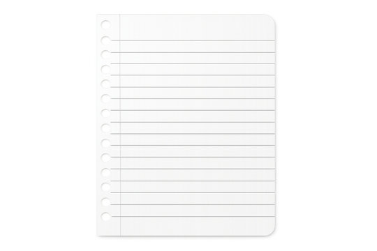 A single sheet of lined paper with holes on the left side isolated on a black background
