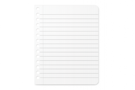 A single sheet of lined paper with holes on the left side isolated on a black background