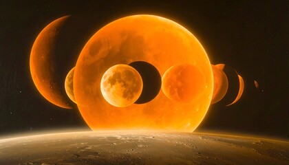 A vibrant, cosmic scene showcases a collection of luminous orange moons and planets against a dark, starry backdrop.