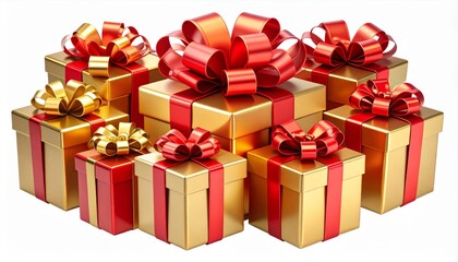 Obraz premium Pile of Golden Gift Boxes Adorned with Red Ribbons and Bows on White Background