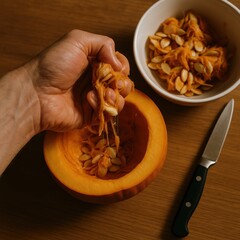 Caucasian male hand preparing pumpkin seeds for cooking on wooden table