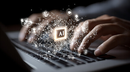 Hands typing on keyboard with glowing A I network and circuit board artificial intelligence technology