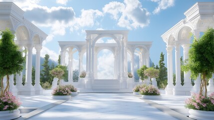 Obraz premium Peaceful garden with white columns and flowers under a bright blue sky in a serene setting