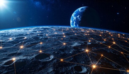 A cosmic network of interconnected lights spans the lunar surface, with Earth visible in the background.