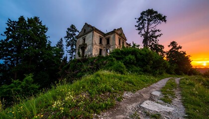 Obraz premium A dilapidated mansion perches atop a sun-drenched hillside, framed by lush greenery and a vibrant sunset.