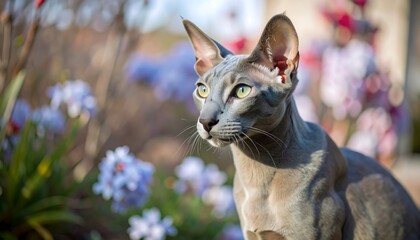 Gray cat with vibrant flowers in the background.