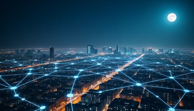 Futuristic city network illuminated by glowing blue connections under a bright moon urban network