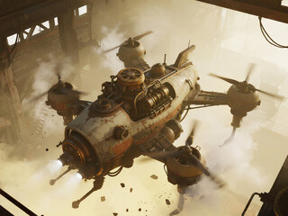 Fototapeta premium A whimsical steampunk airship with brass accents, soars through the clouds