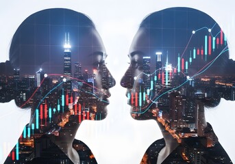 Double exposure of two heads with city lights and stock market graph