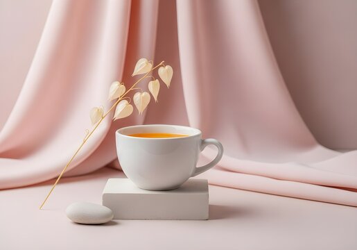 Cozy morning coffee with delicate dried flowers and soft pink drapes