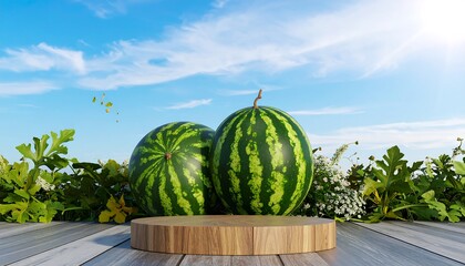 Two vibrant watermelons sit atop a wooden display platform, surrounded by lush greenery and a backdrop of a clear summer sky.