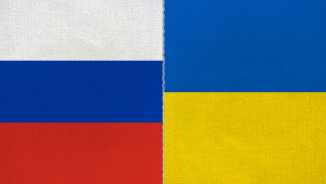 The diagonal and stitched-aligned combined Russia and Ukraine flags. Concept of Strategic negotiation, national relationship, Conflict, and War.
