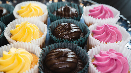 Beautiful chocolate and assorted cupcakes on an elegant plate, perfect for parties or family gatherings. Soft lighting and shallow depth of field.