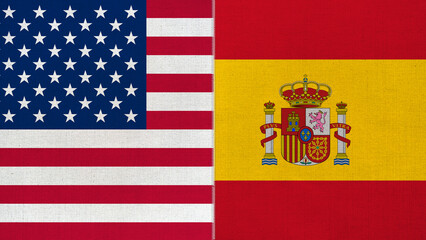The diagonal and stitched-aligned combined USA and Spain flags. Concept of Strategic negotiation, national relationship, Conflict, and War.