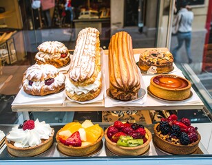 Display of various pastries in a shop window