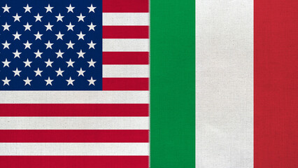The diagonal and stitched-aligned combined USA and Italy flags. Concept of Strategic negotiation, national relationship, Conflict, and War.
