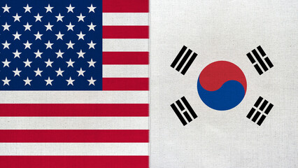The diagonal and stitched-aligned combined USA and South Korea flags. Concept of Strategic negotiation, national relationship, Conflict, and War.