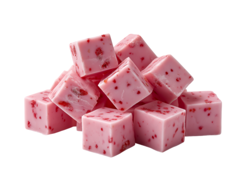 Pile of pink strawberry yogurt cubes with fruit pieces isolated on a transparent background