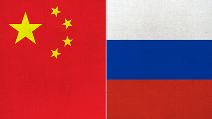 The diagonal and stitched-aligned combined China and Russia flags. Concept of Strategic negotiation, national relationship, Conflict, and War.