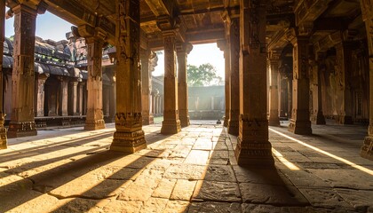 Sunlight streams through ornate columns of a historical temple, illuminating intricate carvings and creating long shadows on the ancient stone floor.