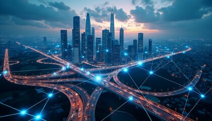Illuminated urban network of highways and skyscrapers at dusk city traffic