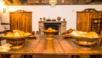 A rustic dining room scene, filled with baked goods and antique wooden furnishings, evokes a warm and inviting atmosphere.