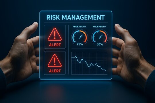 A conceptual image representing risk management with a digital interface. 