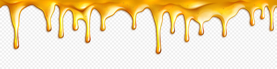 Golden honey dripping on transparent background