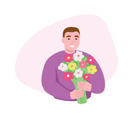 Man with a bouquet of flowers in his hands. Vector flat graphics.
