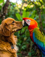 Dog and parrot sharing a fruit
