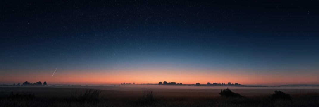 Stunning twilight landscape with misty field and starry sky at dawn - Powered by Adobe
