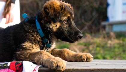 A young German Shepherd puppy rests outdoors, its gaze directed off to the side, on a wooden table.