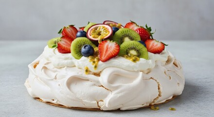 Pavlova delicate meringue dessert with fruits