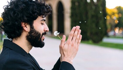 A man blows a dandelion seed.