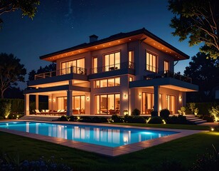 Modern house by a pool at night