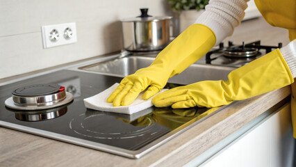 Hands in Yellow Gloves Cleaning a Stove Top
