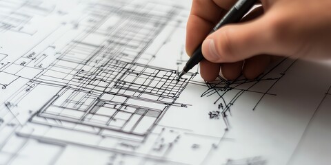 Close-up of hand sketching architectural plans, demonstrating planning and creativity in design.