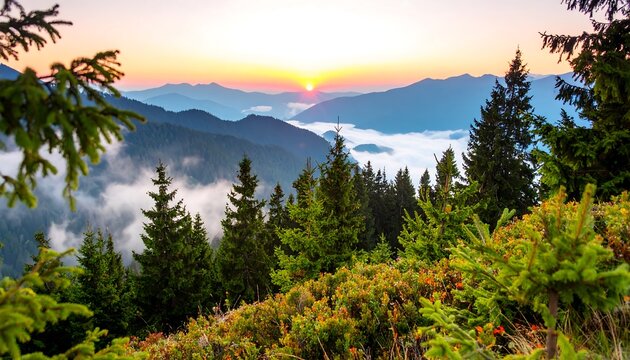 Serene mountain vista at sunrise, with misty valleys and a dense forest.