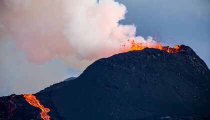 Molten lava flows down the volcanic slope, a dramatic eruption plumes into the pale sky.