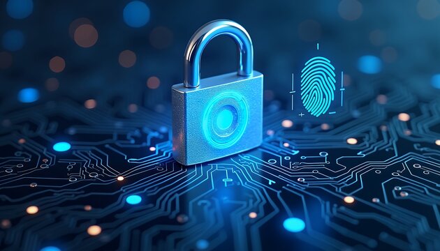 Secure digital padlock with glowing fingerprint and circuit board security technology - Powered by Adobe