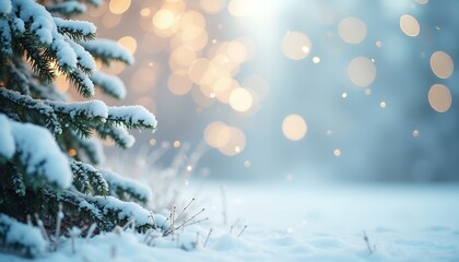 Snow covered evergreen branches with soft golden bokeh lights winter pine