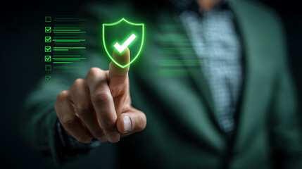 Man in green blazer touches glowing shield with checkmark touching finger