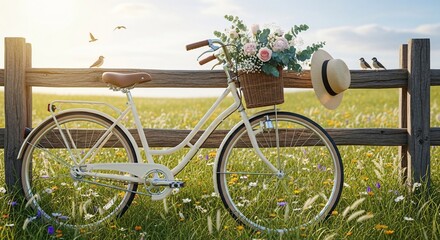 Fototapeta premium Vintage bicycle with flower basket and straw hat by rustic fence in meadow