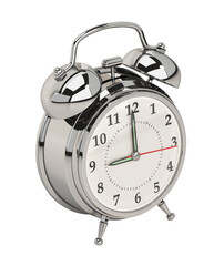 Silver alarm clock isolated on transparent background. 3D illustration