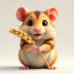 Cheerful, stylized hamster, rendered in 3D, clutches a stalk of wheat, its bright eyes and gentle smile conveying a sense of warmth and innocence against a minimalist backdrop