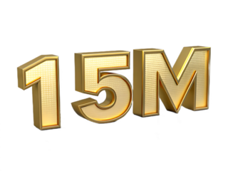 Golden 15 million number with metallic texture isolated on transparent background